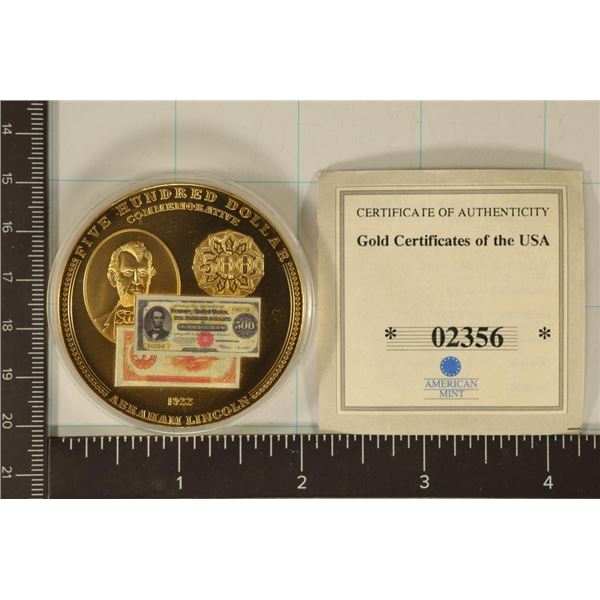 24KT GOLD LAYERED PROOF TOKEN OF A 1922 $500