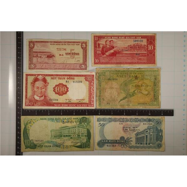 6 VIETNAM BILLS:2-1955 FIVE DONG, 1-1955 TEN DONG,