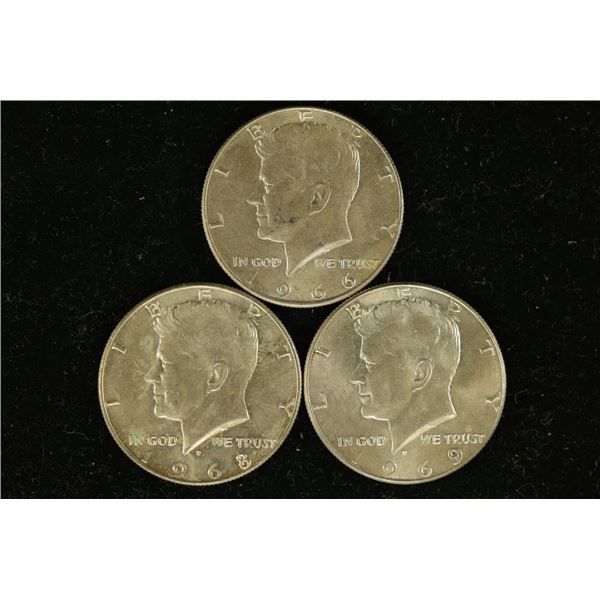 1966, 1968-D & 1969-D 40% SILVER JFK HALVES. UNC