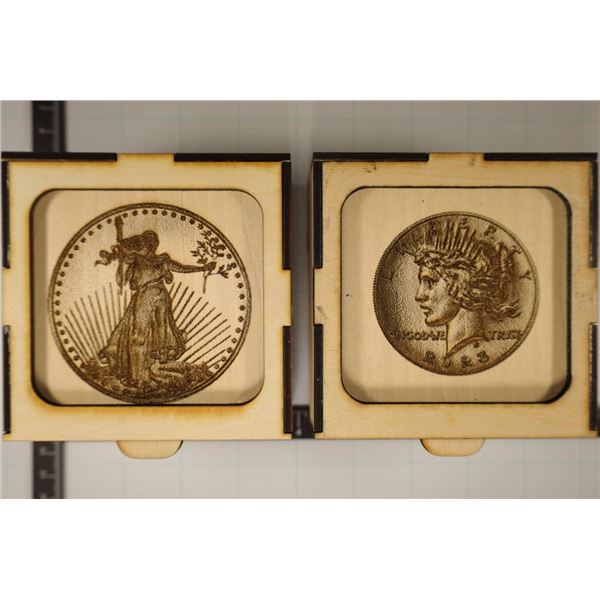 2 WOODEN COIN THEMED GIFT BOXES. ST. GAUDENS AND