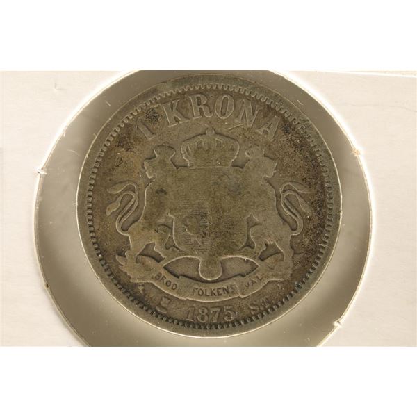 1875 SWEDEN SILVER 1 KRONA .1929 OZ. ASW