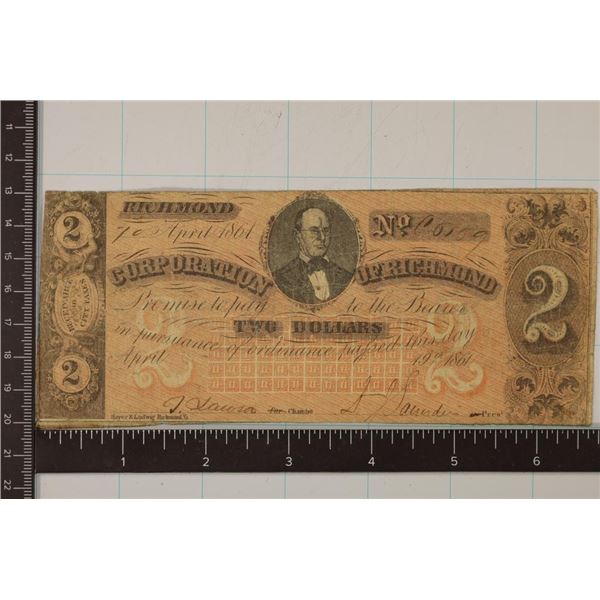 1861 RICHMOND 2 DOLLAR OBSOLETE BANK NOTE