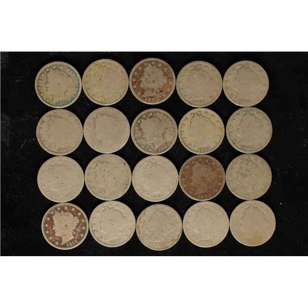 20 ASSORTED LIBERTY "V" NICKELS: 1 NO DATE & 19