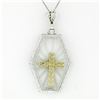 Image 2 : Antique Art Deco 14K Gold French Camphor Glass Hand Etched Cross Pendant & Chain