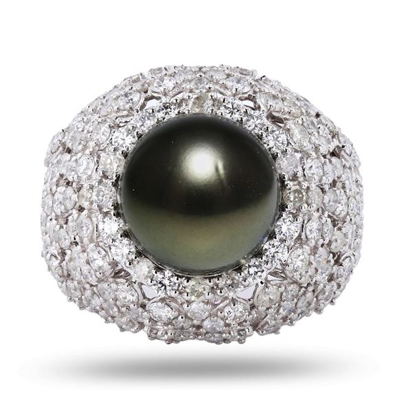 11mm Tahitian Pearl and 3.00 ctw Diamond 18K White Gold Ring