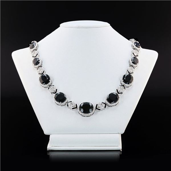 98.83 ctw Blue Sapphire and 6.52 ctw Diamond 18K White Gold Necklace