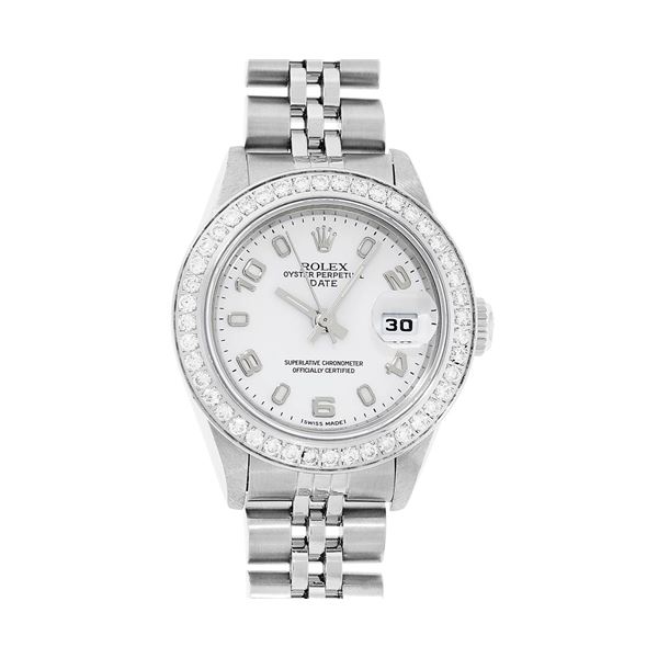 Rolex Ladies Quickset Stainless Steel White Arabic Dial Diamond Bezel Wristwatch