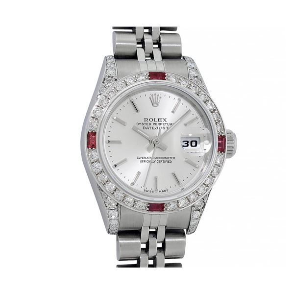 Rolex Ladies Quickset Stainless Steel Silver Index 18K White Gold Diamond & Ruby