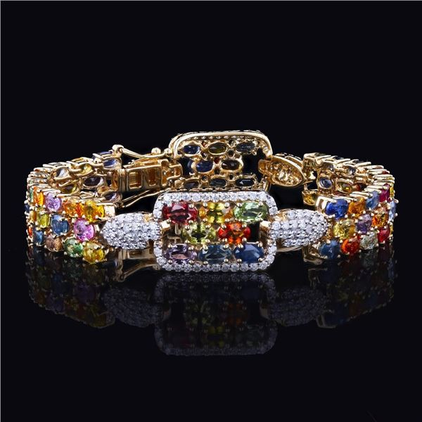 21.33 ctw Multi Color Sapphire and 1.46 ctw Diamond 14K Yellow Gold Bracelet