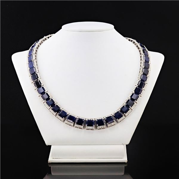 134.48 ctw Blue Sapphire and 14.82 ctw Diamond 14K White Gold Necklace