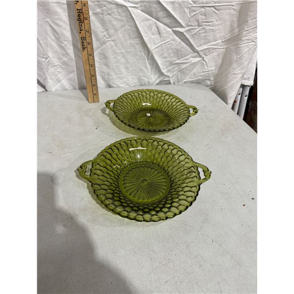 Vintage Indianglass honeycomb style avacado two handled dishes