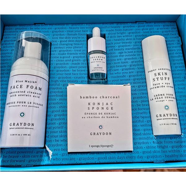 Graydon plant-powered skin essentials, includes face foam, serum, cream, and konjac sponge, new.