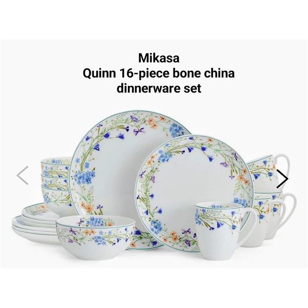 Elegant 16-piece bone china set with delicate floral pattern, includes plates, bowls, and mugs, new.