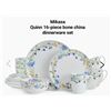 Image 1 : Elegant 16-piece bone china set with delicate floral pattern, includes plates, bowls, and mugs, new.