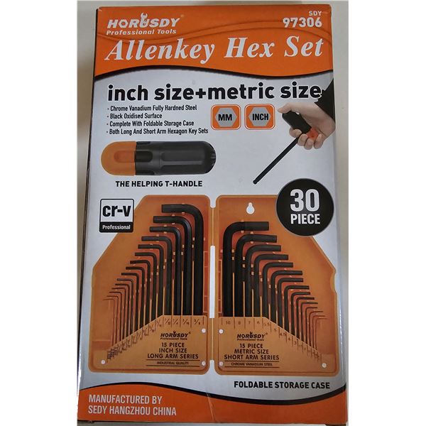 30-piece allen key set with inch and metric sizes, includes foldable storage case, new.