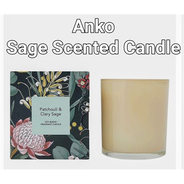 Anko sage-scented soy blend candle, with aromatic patchouli and clary sage notes, new.