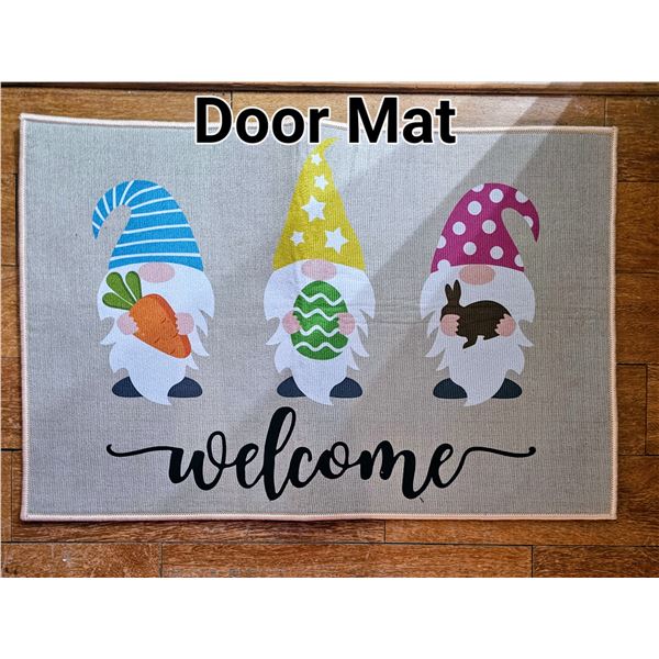 Decorative gnome-themed easter welcome mat, durable and easy to clean, new.