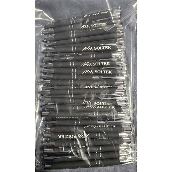 Pack of black ink pens with a sleek design and a company logo, ideal for office use, new.