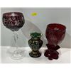 Image 1 : Vintage Red Wine Glass and Goblet and Green Glass Vase
