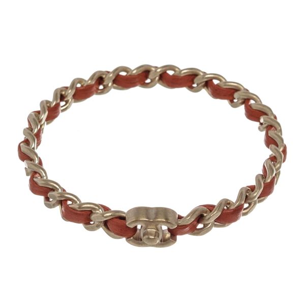 Chanel Red Leather Woven Silver-tone Chain-link CC Bangle Bracelet