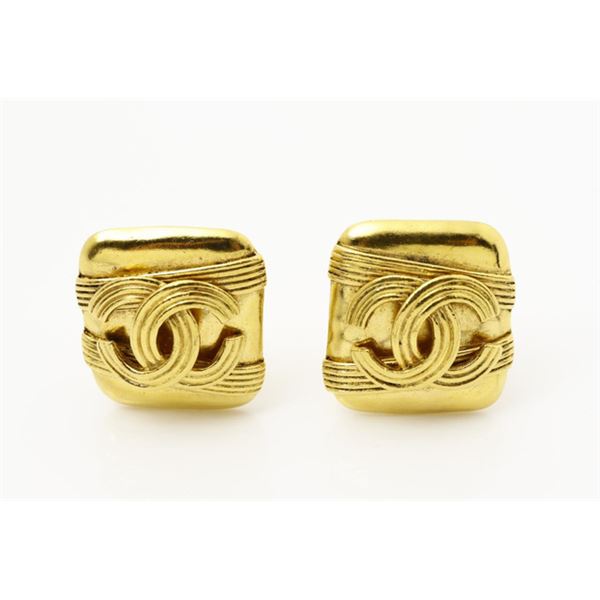 Chanel Gold-tone Metal CC Logo Square Clip-on Earrings