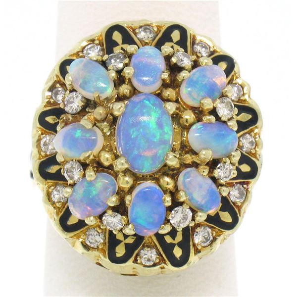 Vintage 14k Yellow Gold Oval Opal Diamond & Black Enamel Ladies Cocktail Ring