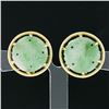 Image 2 : Vintage 14K Gold Carved Jade Large Round Multi Prong Set Button Clip On Earrings