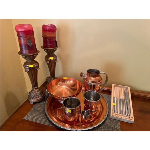 Assorted Inside Home Decor - Copper Decanter, Mugs, Serving Tray & More