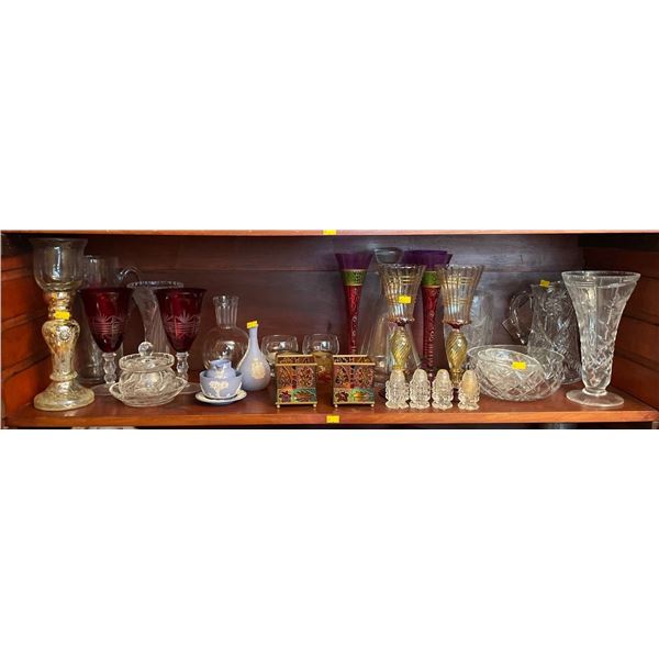 Contents Of Entire Shelf - Wedgewood, Bohemian Red Glass, Vases, & More