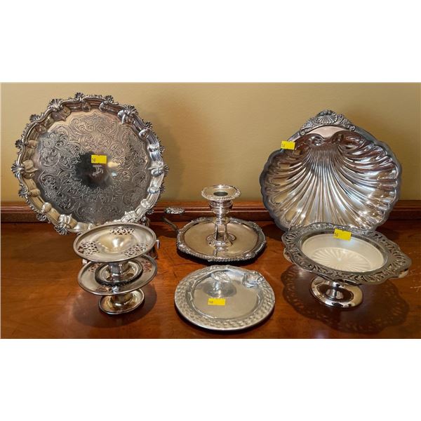 Assorted Collection Of Silver Plated & Pewter Servingware & Candle Holders