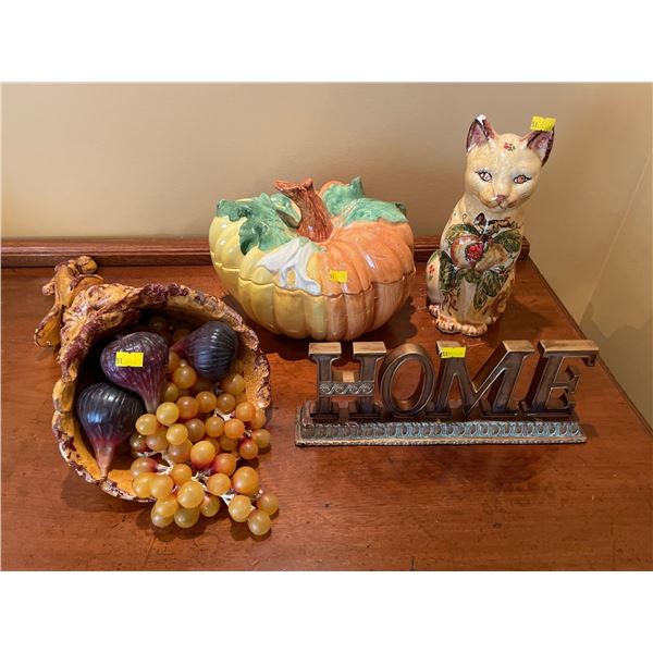 Assorted Collection Of Inside Home Decor - Cornucopia, Pumpkin, Ceramic Cat & More