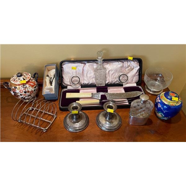 Assorted Collection Of Antique & Vintage Items - Cake Cutting Set, Flask, Candle Holders & More