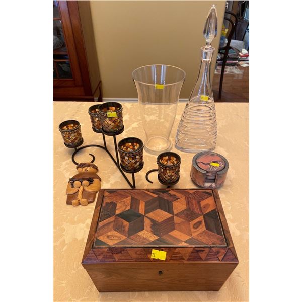 Collection Of Inside Home Decor - Decanter, Antique Handcrafted Humidor Box, & More