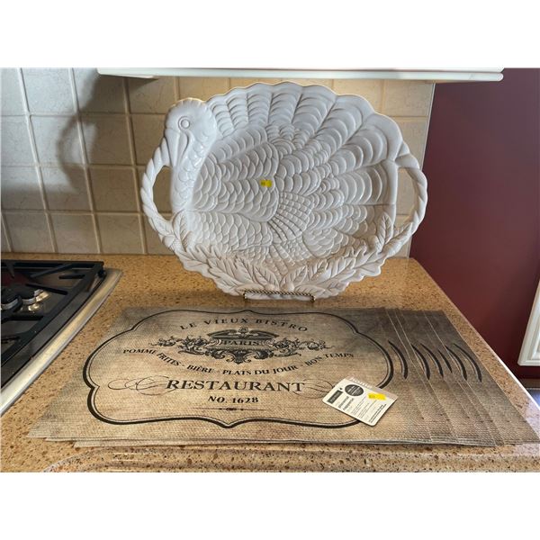 Gibson Hand Painted Turkey Serving Platter 22Lx17H & 8 Brand New With Tags Paris Placemats