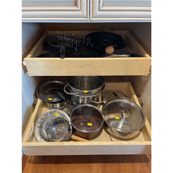 Entire Contents Of Cupboard - Cast Iron Frying Pans, Strainers, & More