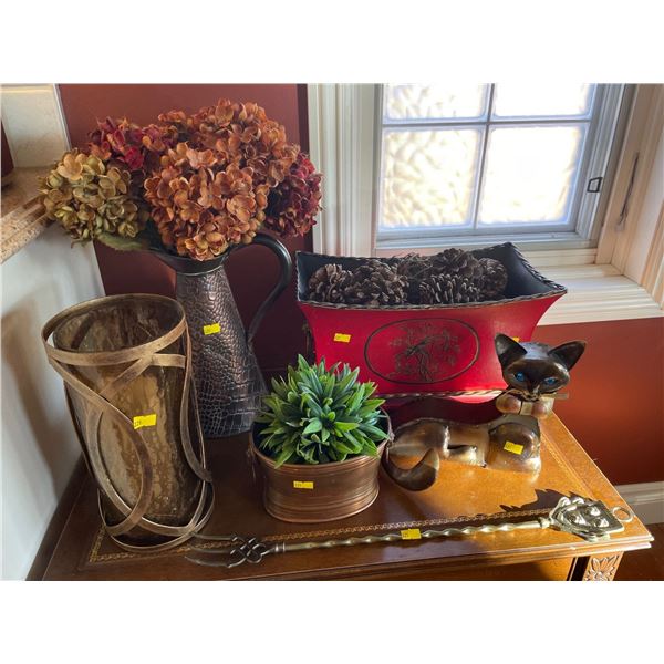 Assorted Collection Of Inside Home Decor - Metal Decorative Bin, Kitty, Fork With Coat Of Arms