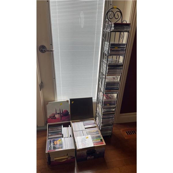 Assorted Collection Of CDs, 2 Decorative Boxes, 1 Metal Rack