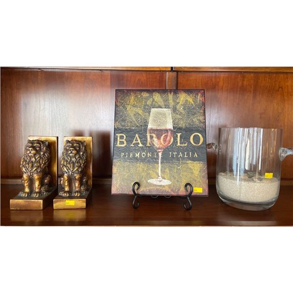 Assorted Home Decor - Lion Book Ends, Metal Sign & More
