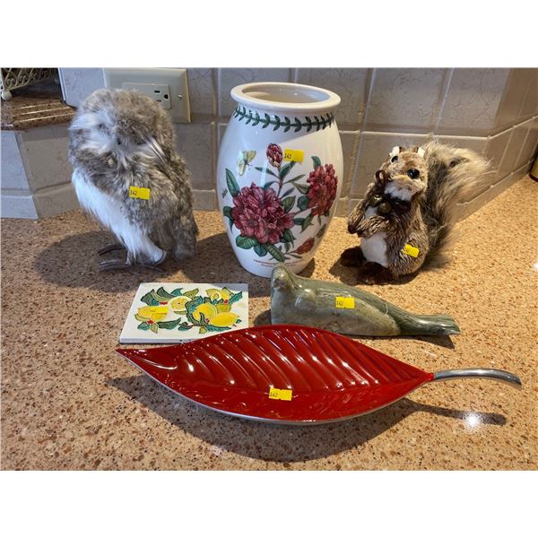 Assorted Collection Of Home Decor - Vase, Soapstone Walrus, Stuffies. & More