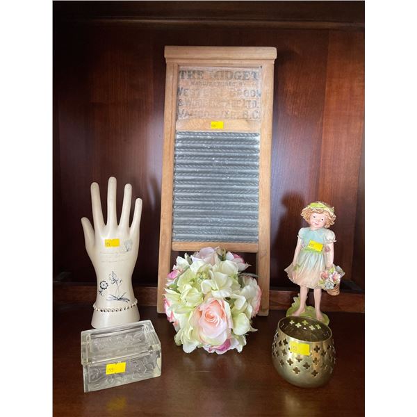 Assorted Inside Home Decor - Washboard, Ring Holder, Figurines & More