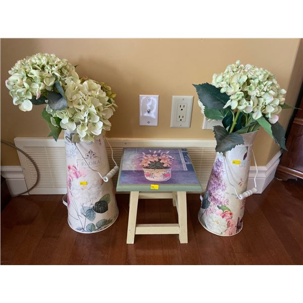 Assorted Collection Of Home Decor - Stool, Artificial Hydrangeas 24H & 22H & More