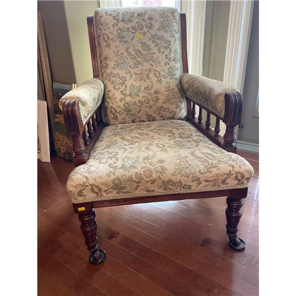 Antique Oak Arm Chair With Upholstered Fabric On Castor Wheels 25Lx32Dx35H