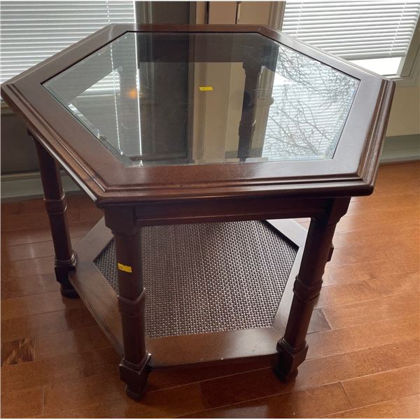 McElheran's Furniture + Design Mahogany Glass Top 2 Tier Side Table 28Lx24Dx21H
