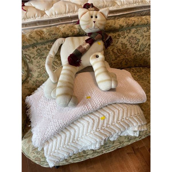 Assorted Collection Of Home Made Blankets & Kitty Cat Door Stop