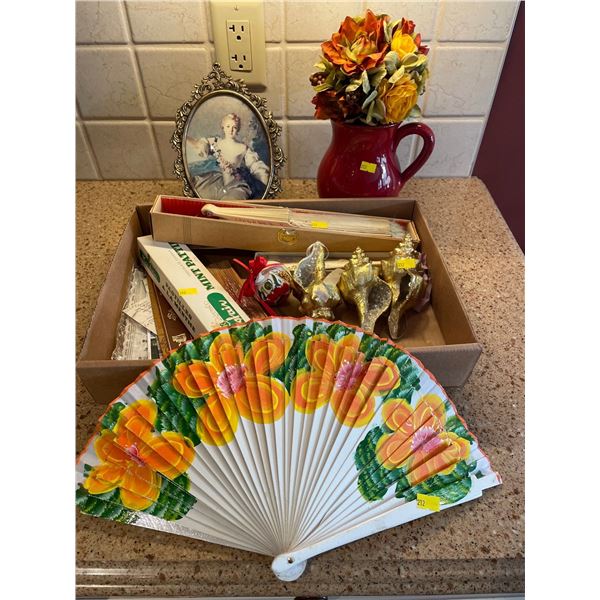 Assorted Collection Of Vintage Fans, Frame, Seashells & More