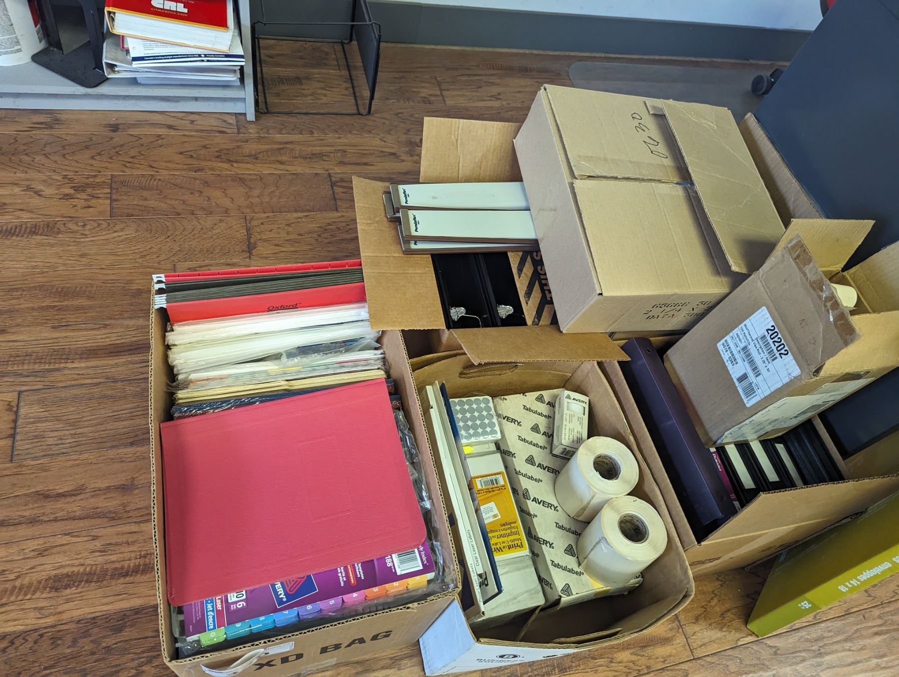 LARGE GROUP OF OFFICE SUPPLIES. FILE TRAYS, ADDING MACHINE, FRAMES ...