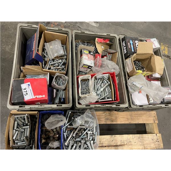 LARGE PALLET LOT OF ASST HARDWARE. CONCRETE ANCHORS, FASTENERS, NUTS & BOLTS, ETC