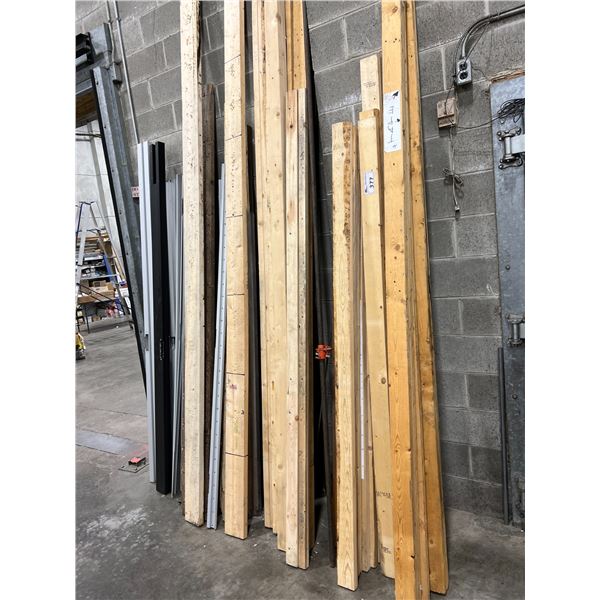 GROUP LOT ASST LUMBER. PLYWOOD OFFCUTS AND 2X4'S UP TO 10' (APPROX 24), MANY HAVE SCREW HOLES