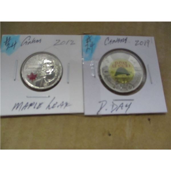2012 COLORED MAPLE LEAF QUARTER & 2019 D-DAY TOONIE