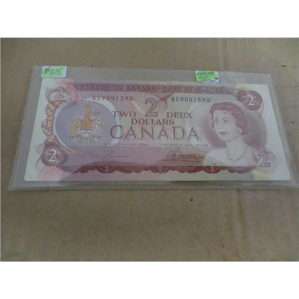 1974 MULTI COLORED (ERROR SERIAL NUMBER DOT) CANADA $2 BILL